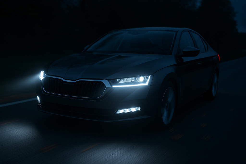 Berlina negra con faros LED intensos iluminando una carretera nocturna