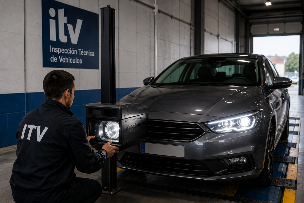 Inspección ITV comprobando la alineación de los faros delanteros